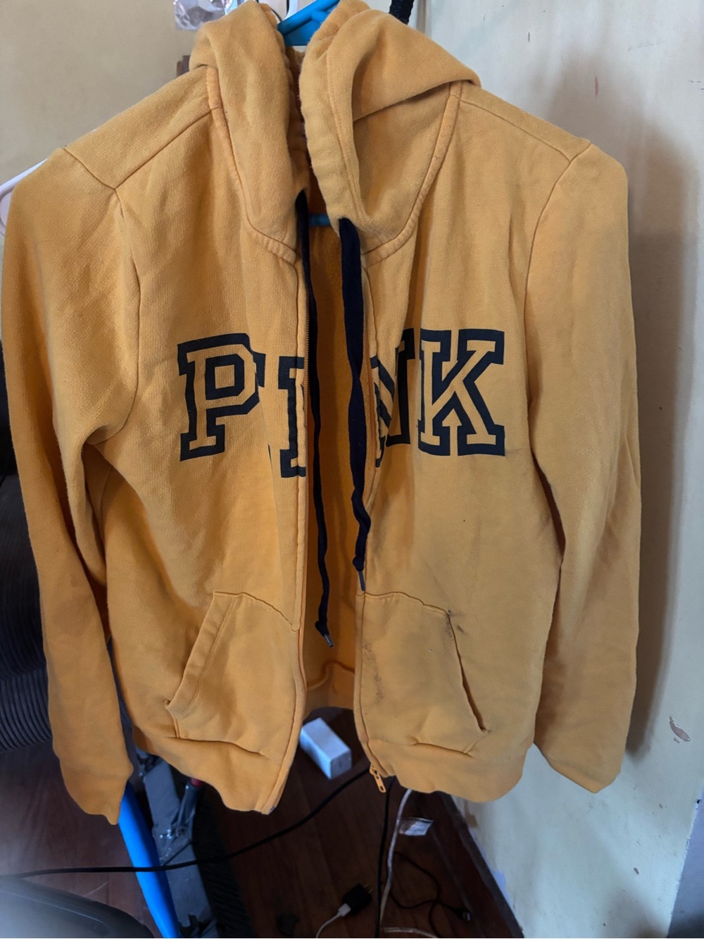 PINK Victoria's Secret Kids Yellow Zip-Up Hoodie with Navy Logo